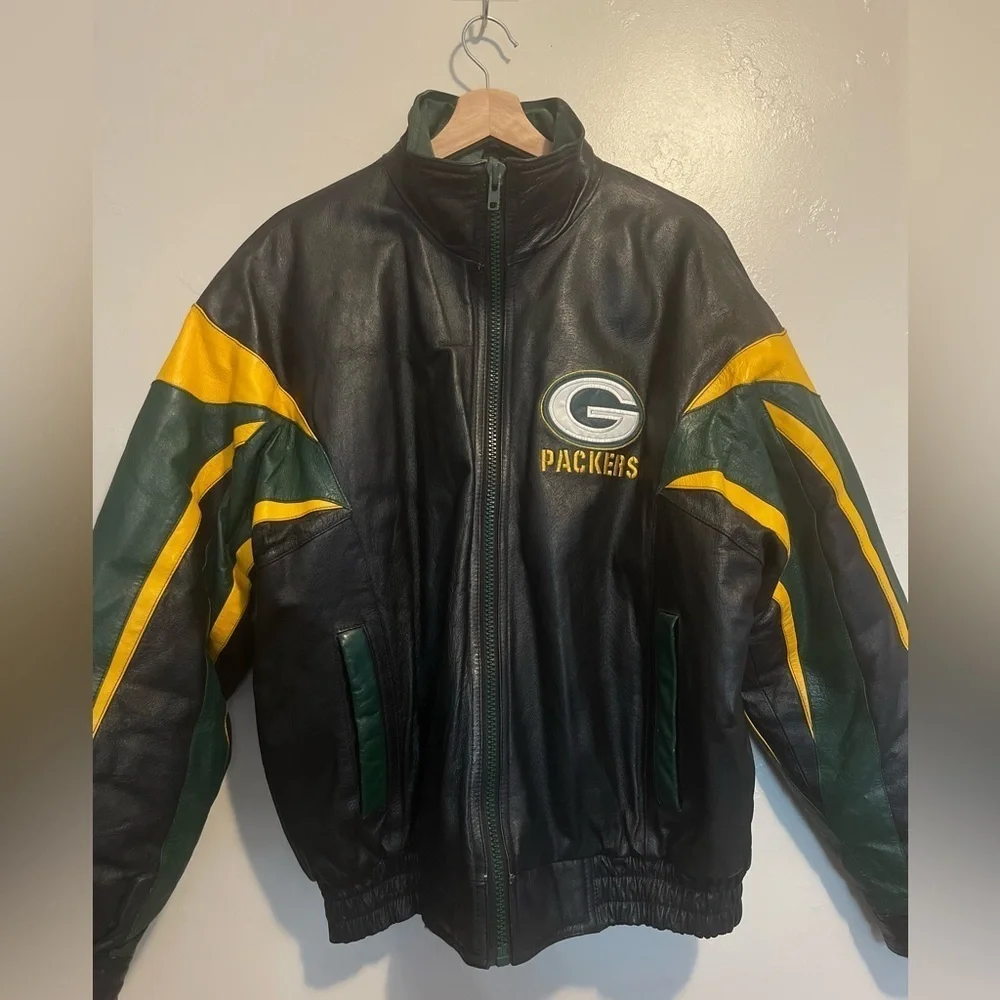 Vintage 90s Green Bay Packers Pro Player Leather Black Jacket Size Medium Rare
